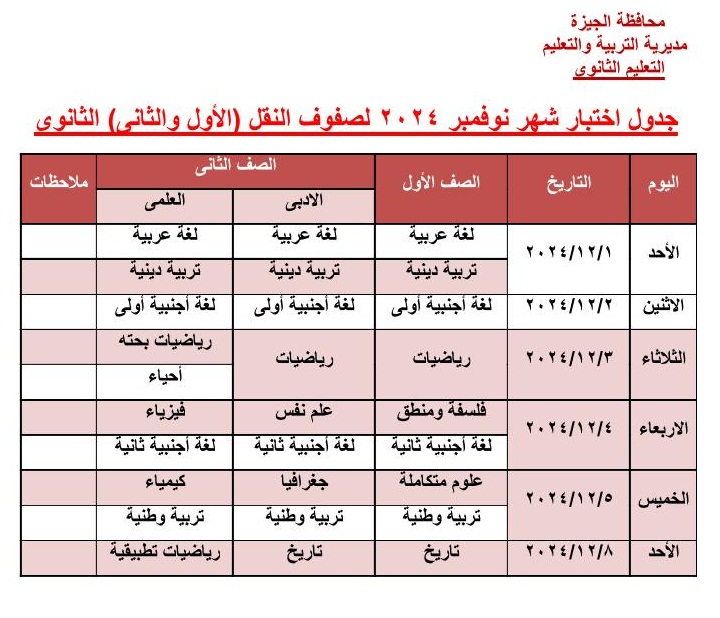 جدول امتحان نوفمبر الأول والثانى الثانوى