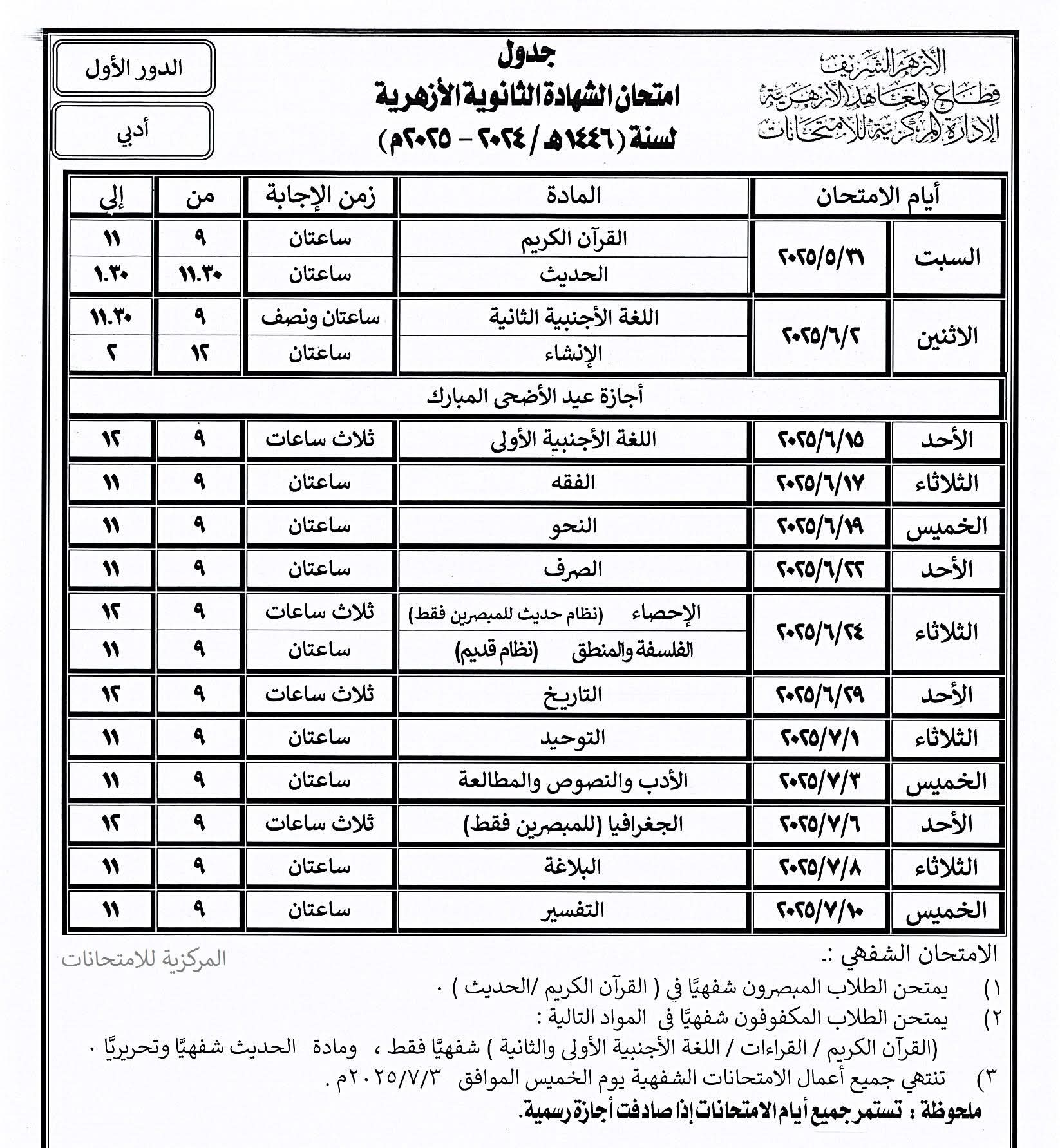 جدول امتحانات الشهادة الثانوية الأزهرية ادبى