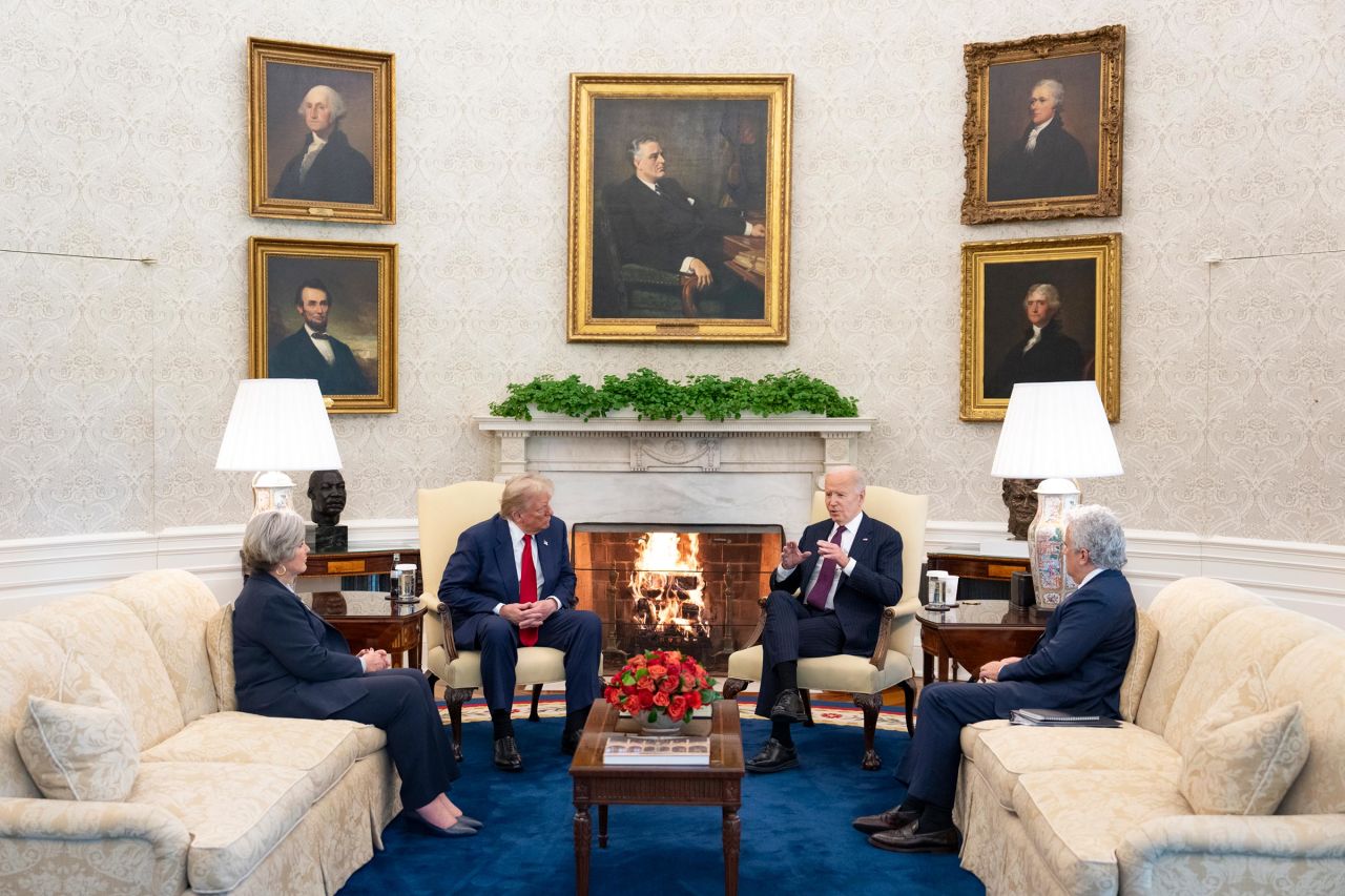 This handout photo from the White House shows President Joe Biden meeting with President-elect Donald Trump on Wednesday in the Oval Office. Also in attendance are Susie Wiles, left, and Chief of Staff Jeff Zients.